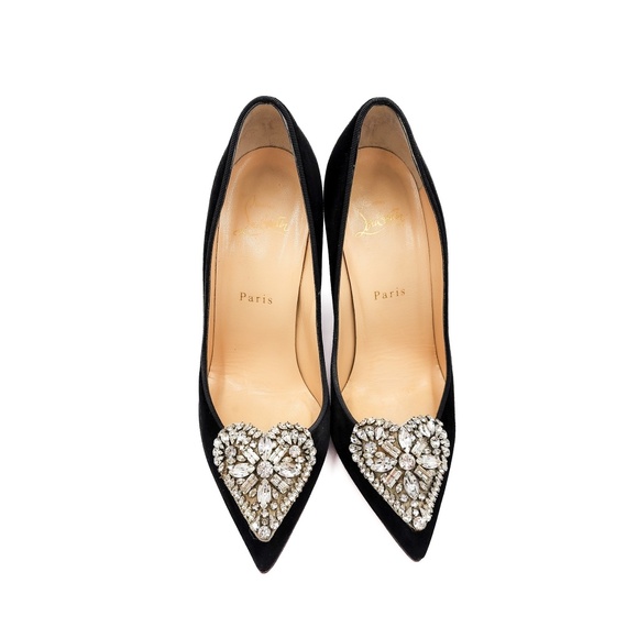 Christian Louboutin Crystal Heart Studded Black Suede Pumps Heels EU 37.5 - Picture 3 of 9